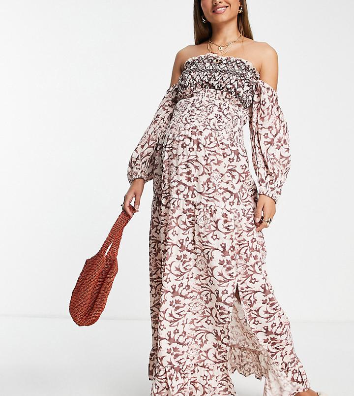 River Island Maternity Leopard Shirred Waist Maxi Beach Skirt In Brown - Part Of A Set