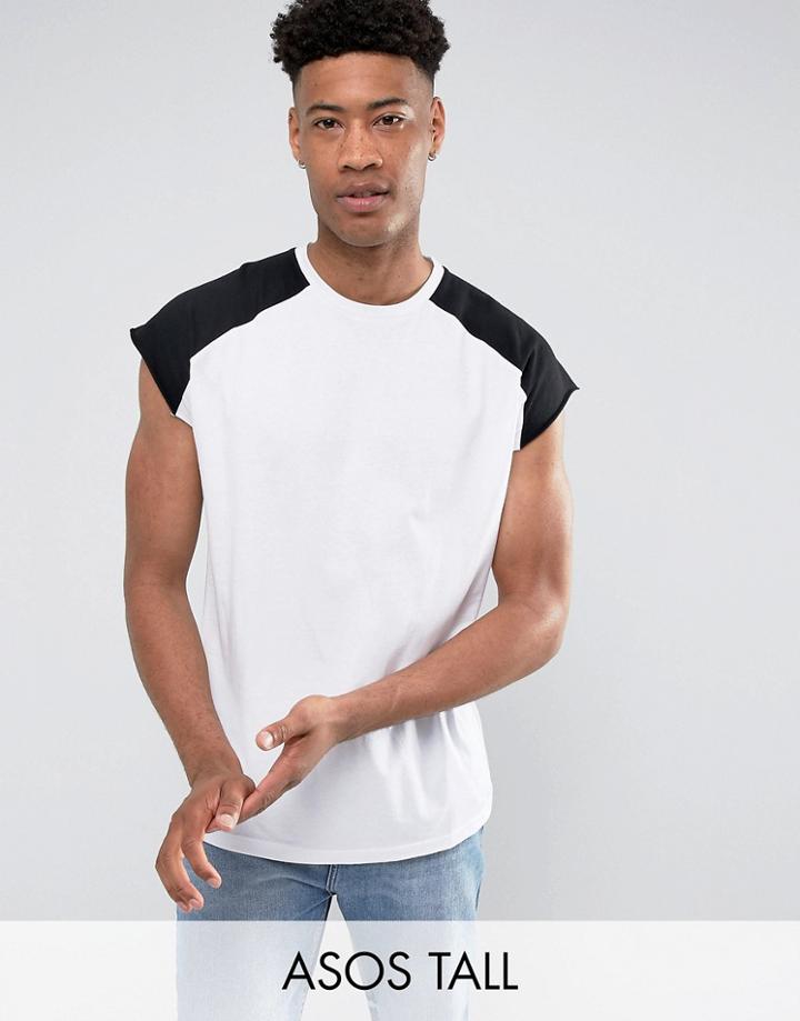 Asos Tall Sleeveless T-shirt With Raw Edge And Contrast Raglan In White/black - White