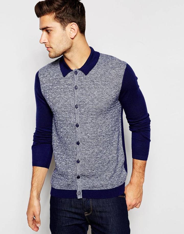 Asos Turtleneck Cardigan In Merino Wool Mix - Navy And Ivory Twist