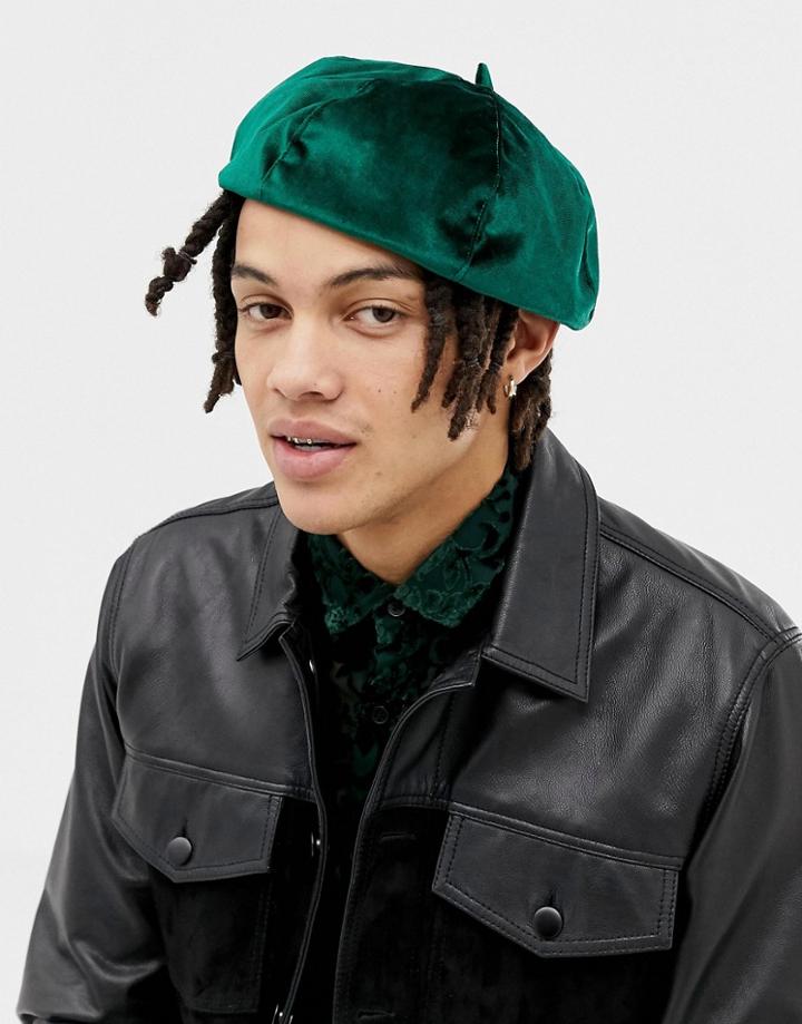 Asos Design Beret In Green Velvet