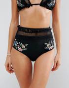 Asos Premium Pom Pom Embroidered Fishnet High Waist Bikini Bottom - Black