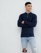 Asos Design Muscle Fit Pique Long Sleeve T-shirt With Zip Neck And Tipping In Navy - Multi
