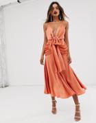 Asos Edition Satin Plunge Strappy Midi Dress With Tie Front