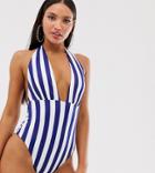 Asos Design Tall Recycled V Front Strappy Back Swimsuit In Stripe-multi