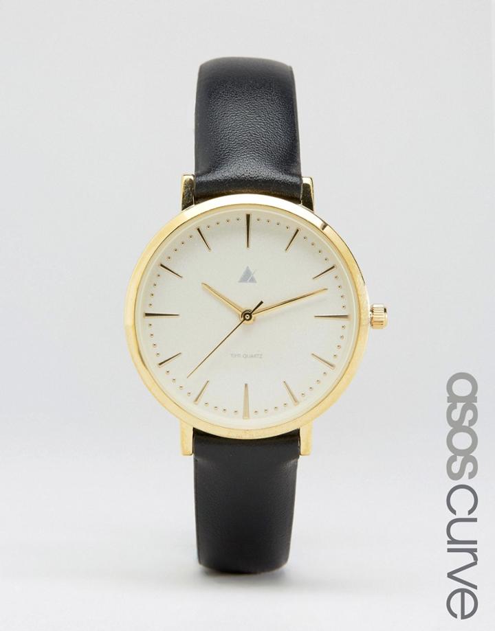 Asos Curve Clean Dial Black Leather Watch - Black