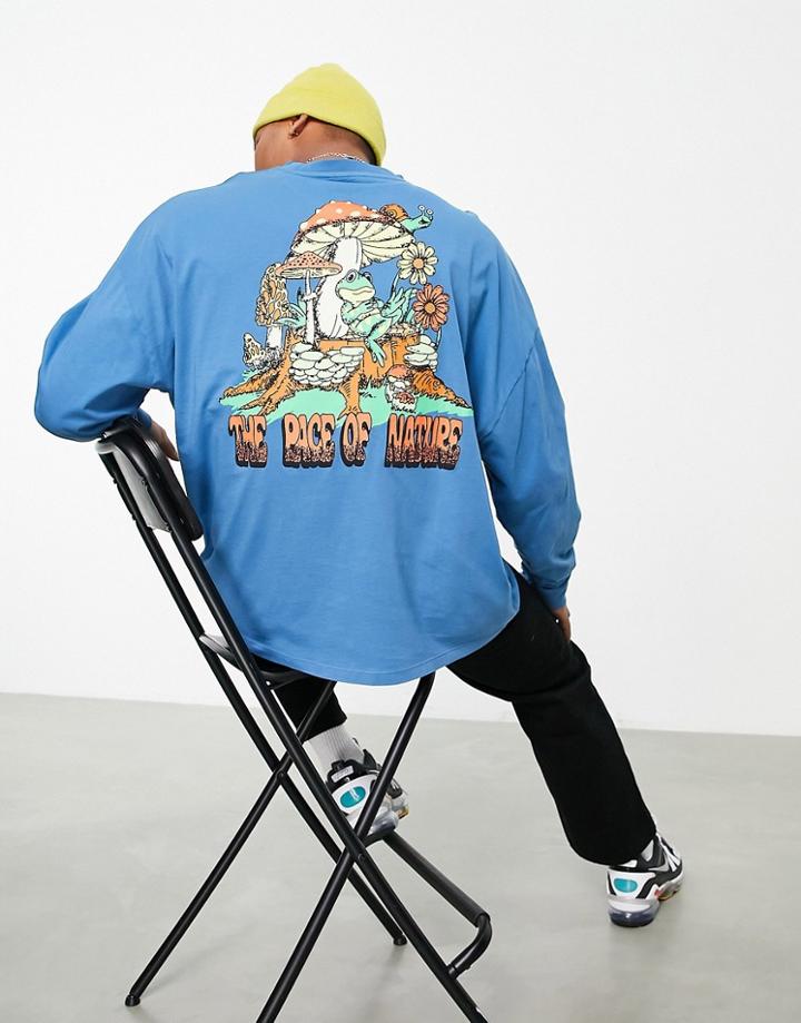 Asos Design Oversized Long Sleeve T-shirt In Blue With Cartoon Back Print-purple