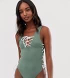Asos Design Tall Recycled Contrast Lace Up Front And Side Swimsuit In Khaki-green