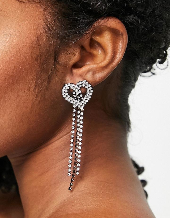 Topshop Heart Crystal Drop Earrings In Silver