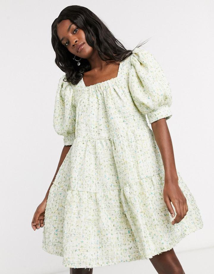 Sister Jane Mini Smock Dress With Puff Sleeves In Pastel Tweed-green