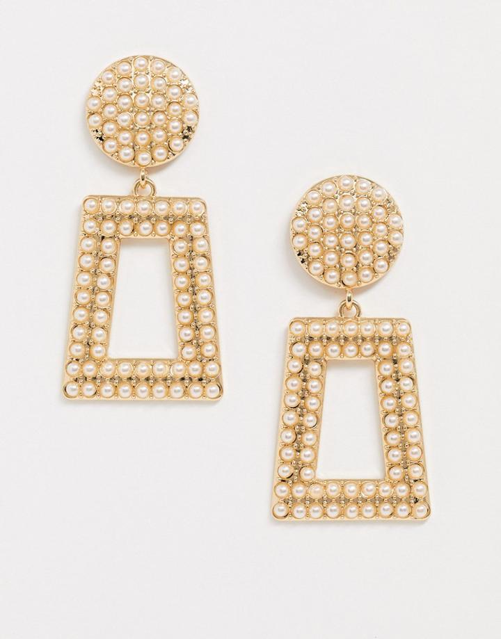 Asos Design Earrings In Square Shape With Pearl In Gold Tone