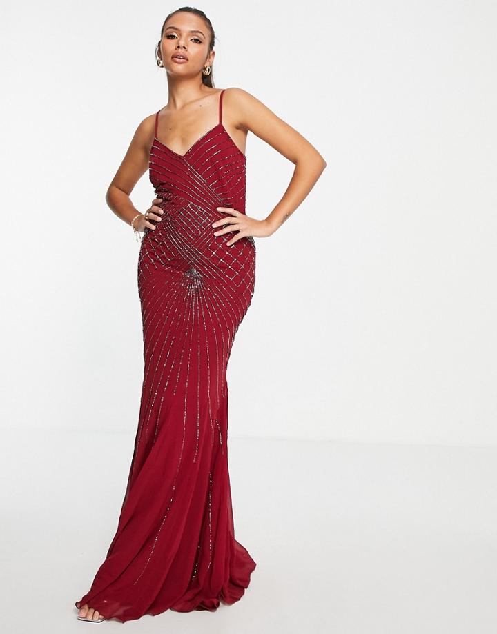 Goddiva Strappy Embroidered Maxi Dress In Wine