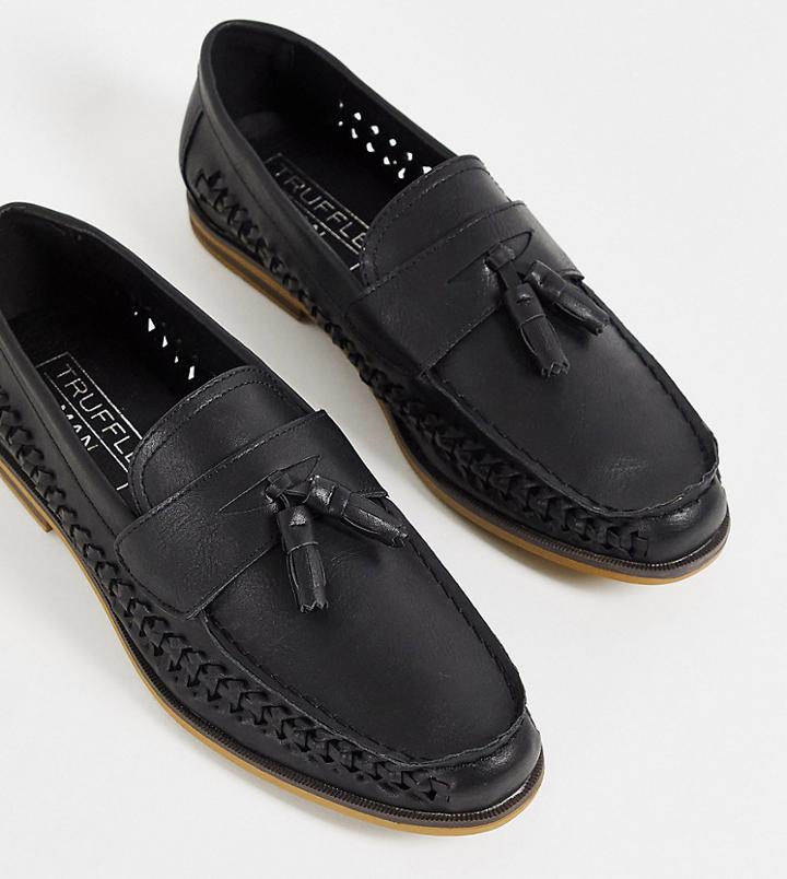 Truffle Collection Wide Fit Faux Leather Woven Tassel Loafers In Black