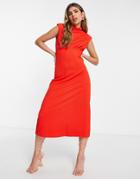 Little Mistress High Neck Midi Dress In Waffle-red