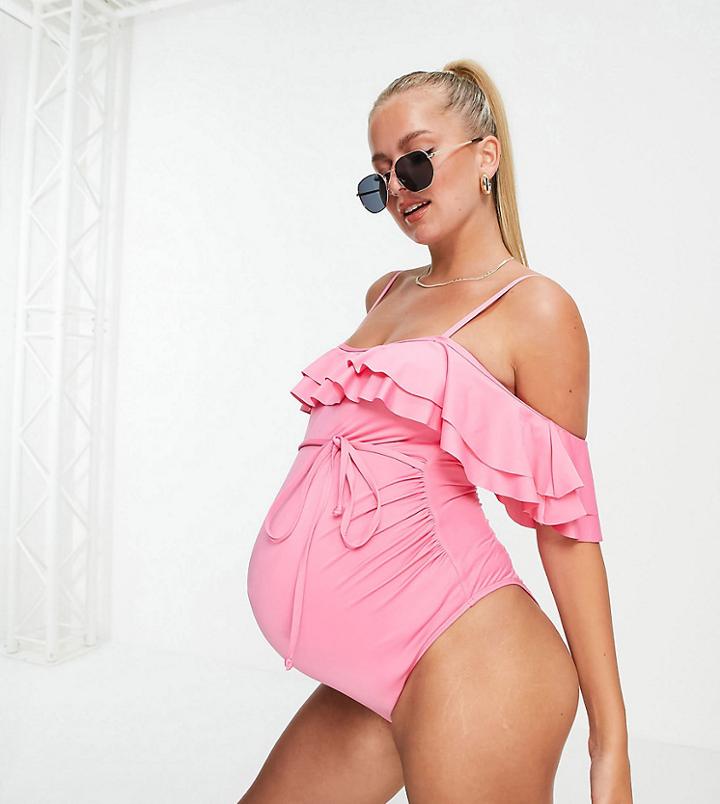 Asos Design Maternity Layered Frill Off Shoulder Swimsuit In Flower Pink