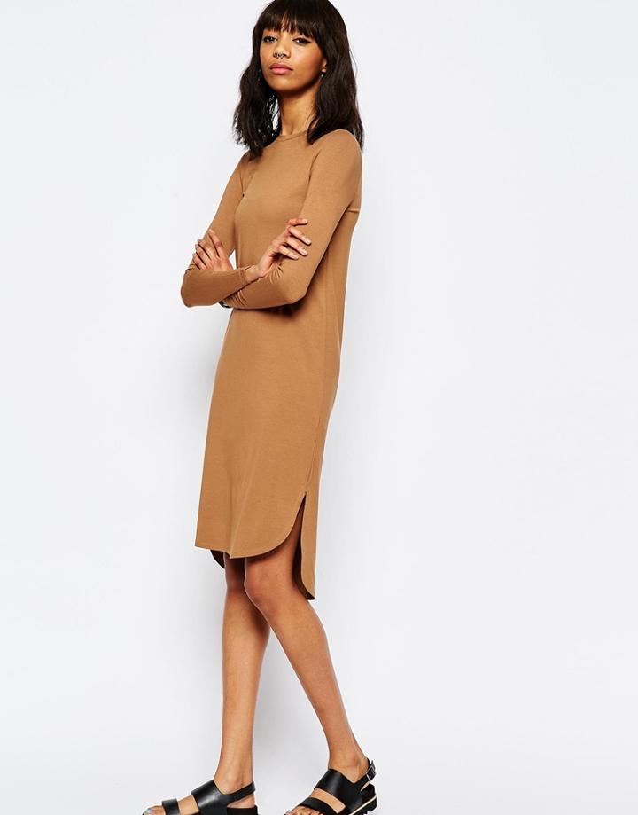 Asos Midi Dress With Curved Hem - Brown