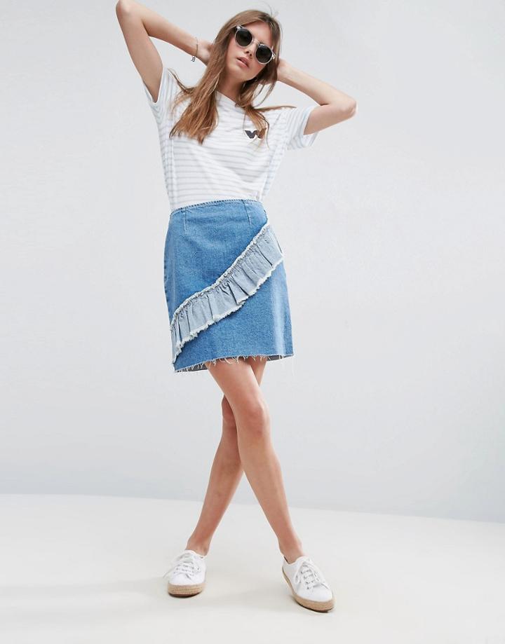 Asos Denim Mini Skirt With Asymetric Ruffle In Mid Wash Blue - Blue
