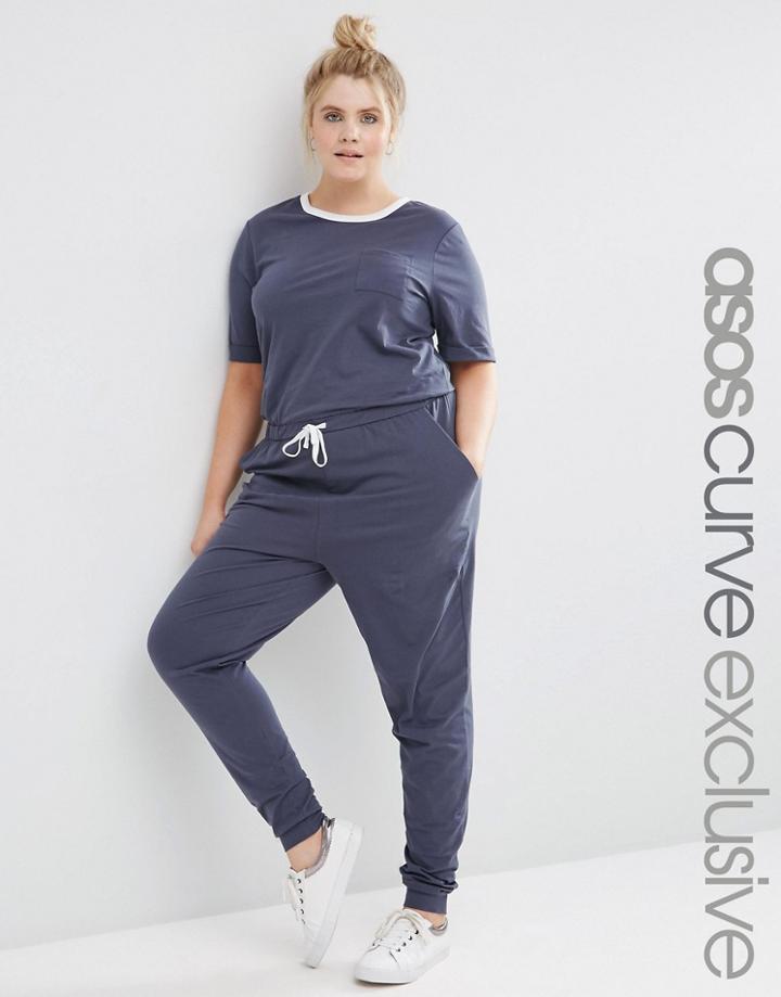 Asos Curve Casual Jumpsuit With Short Sleeve And Contrast Neck - Navy