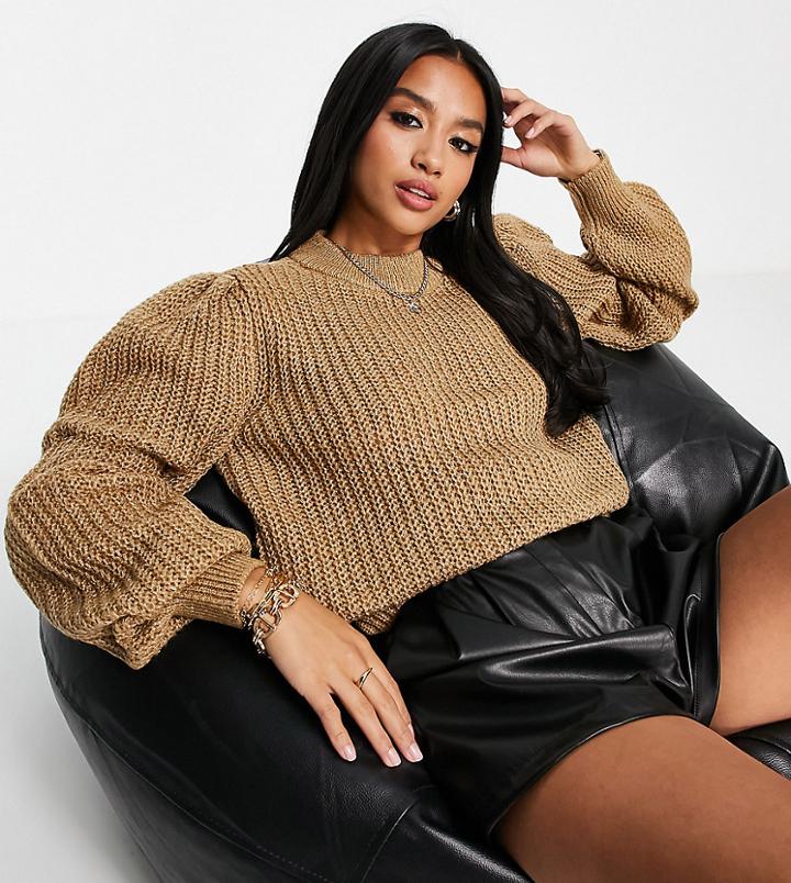 Noisy May Petite High Neck Knitted Sweater In Camel-neutral
