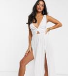 Asos Design Petite Tie Back Beach Maxi Dress With Twist Front Detail In White