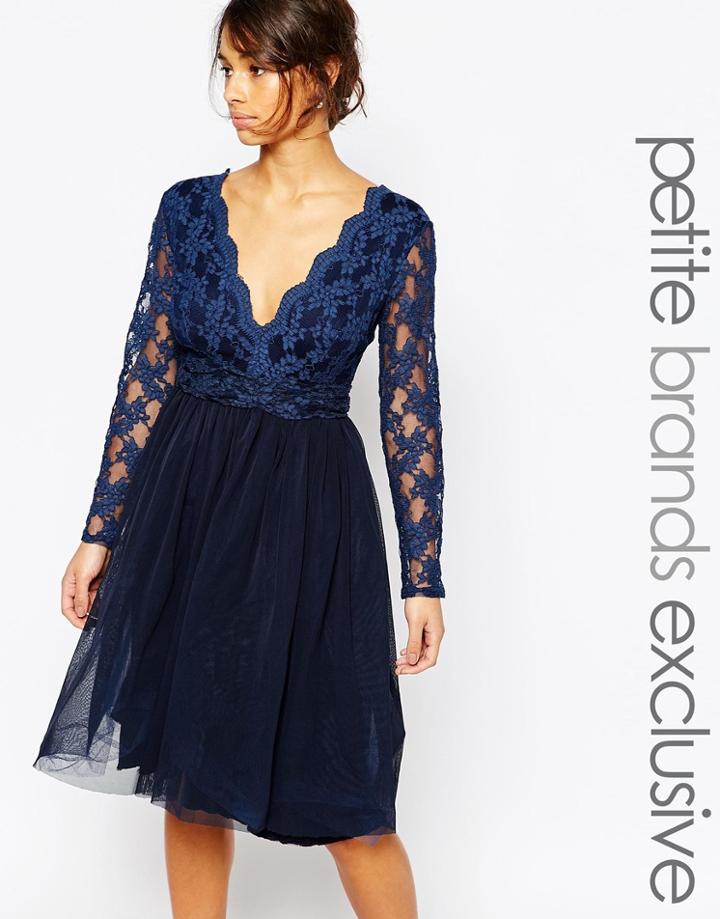 John Zack Petite Lace Prom Dress With Plunge Bodice And Tulle Skirt - Navy