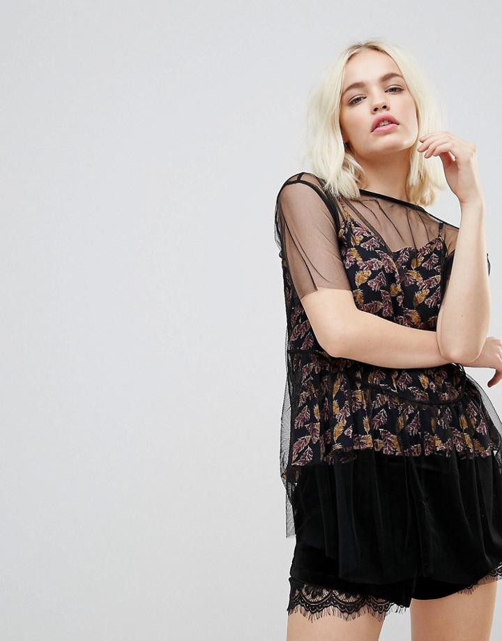 Hazel Floral Print Top With Mesh Overlay - Black