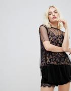 Hazel Floral Print Top With Mesh Overlay - Black