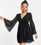 Asos Design Petite Textured Pleated Wrap Mini Dress In Black
