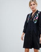Asos Design Embroidered Button Through Mini Tea Dress With Long Sleeves-black
