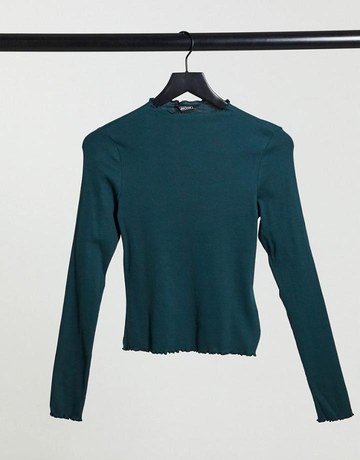Monki Molly Organic Cotton Ribbed Long Sleeve Top In Dark Green