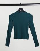 Monki Molly Organic Cotton Ribbed Long Sleeve Top In Dark Green