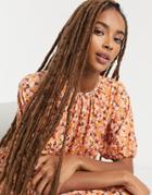 Asos Design Mini Smock Dress With Gathered Neck In Berry Floral