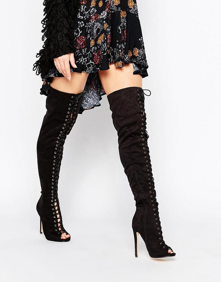 Truffle Collection Rita Lace Up Peep Toe Over The Knee Boots - Black