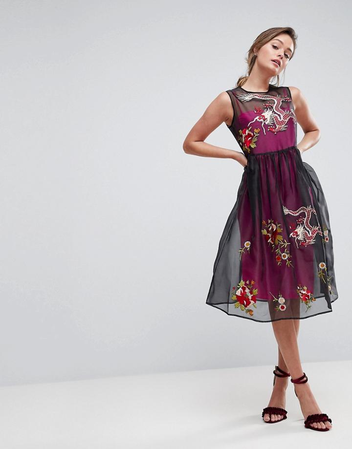 Asos Premium Embroidered Mesh Midi Skater Dress With Contrast Lining-multi