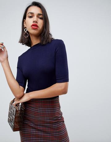 Side Party Naoko High Crew Neck Half-sleeve Ribbed Top - Navy