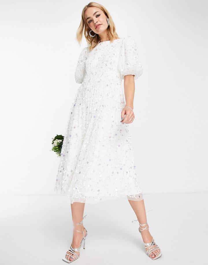 Maya Bridal Puff Sleeve Embellished Bridal Dress In Ivory-white
