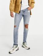 Asos Design Slim Jeans In Dirty Mid Wash With Extreme Knee Rip-blues