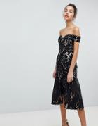 Jarlo All Over Cutwork Lace Bardot Midi Prom Dress With Ruffle Hem - Black