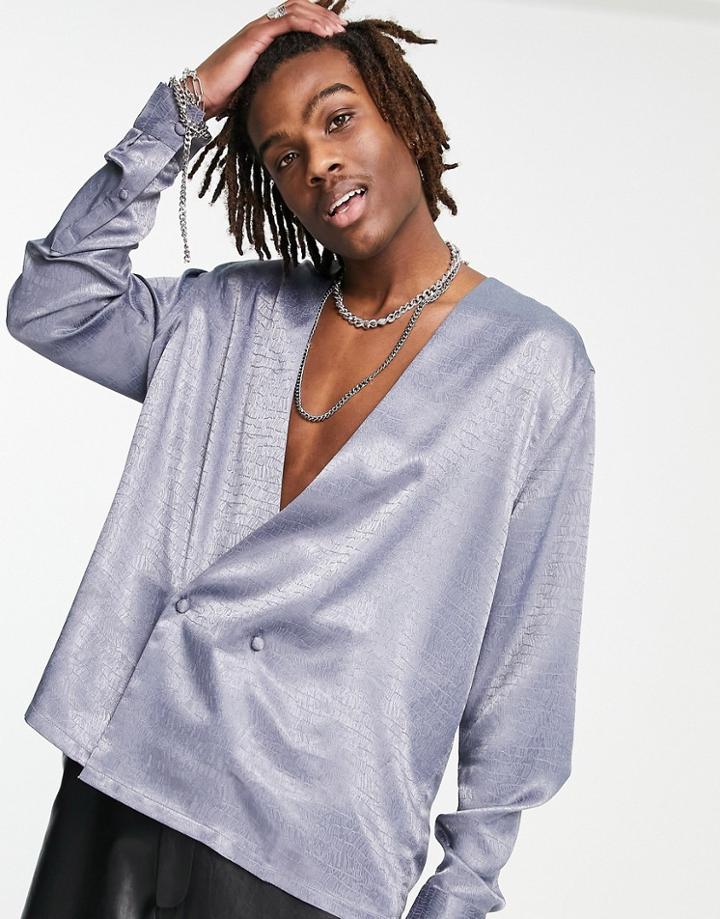 Asos Design Double Breasted Shirt In Textured Jacquard-blue