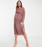 Asos Design Maternity Slouchy Midi Dress With Blouson Sleeve In Rose-pink