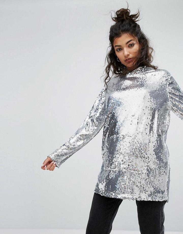 One Above Another Oversized Hoodie In Sequin - Silver