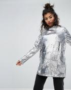 One Above Another Oversized Hoodie In Sequin - Silver