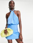 Asos Design High Neck Detail Mini Dress In Blue