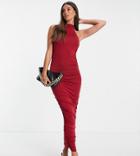 Asos Design Tall Ruched Racer Front Neck Midi Dress In Merlot-red