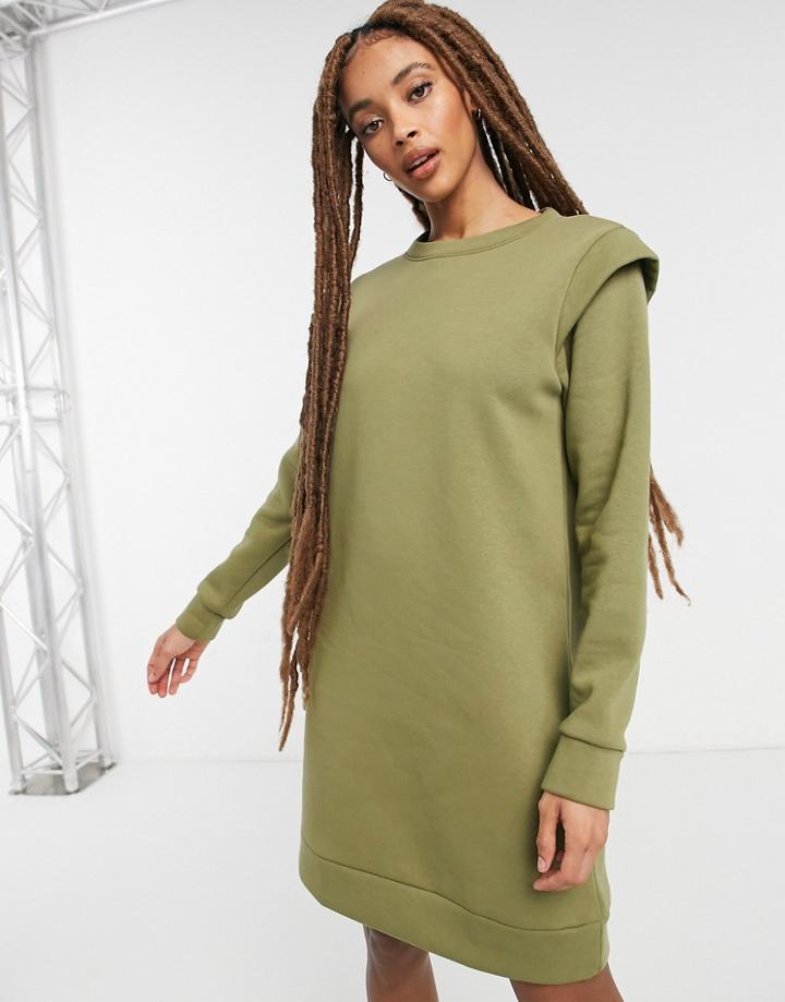 Pieces Mini Sweat Dress With Padded Shoulder In Khaki-green