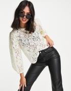 Pieces Lace Blouse With Volume Sleeves In Cream-white