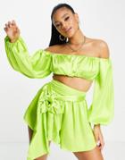 Asos Design Satin Bardot Top In Lime Green - Part Of A Set