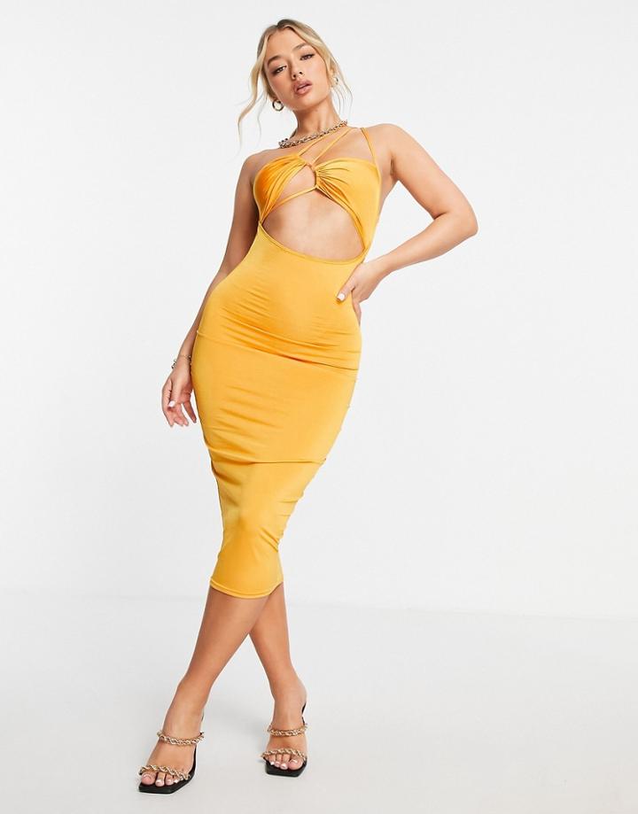 First Distraction The Label Strap Detail Midi Dress In Orange