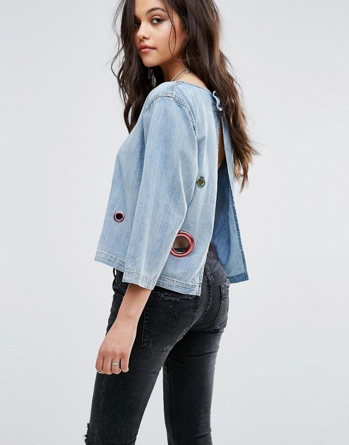Diesel Denim Cropped Top With Eyelet And Bow Detail - Blue