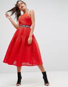 Asos Bonded Mesh Prom Midi Dress With Love Strap - Red