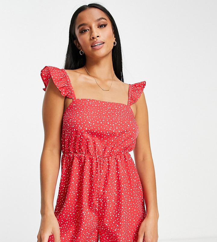 New Look Petite Frill Strap Romper In Red Heart Print